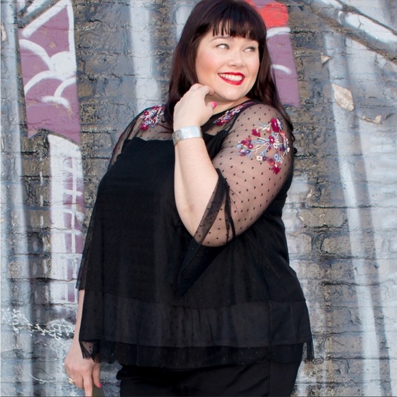 Lane Bryant Mesh Embroidered Black Blouse Sz 26/28 - Picture 15 of 16